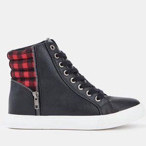 Red/Black Plaid Lace Up Faux Leather Zip High Top